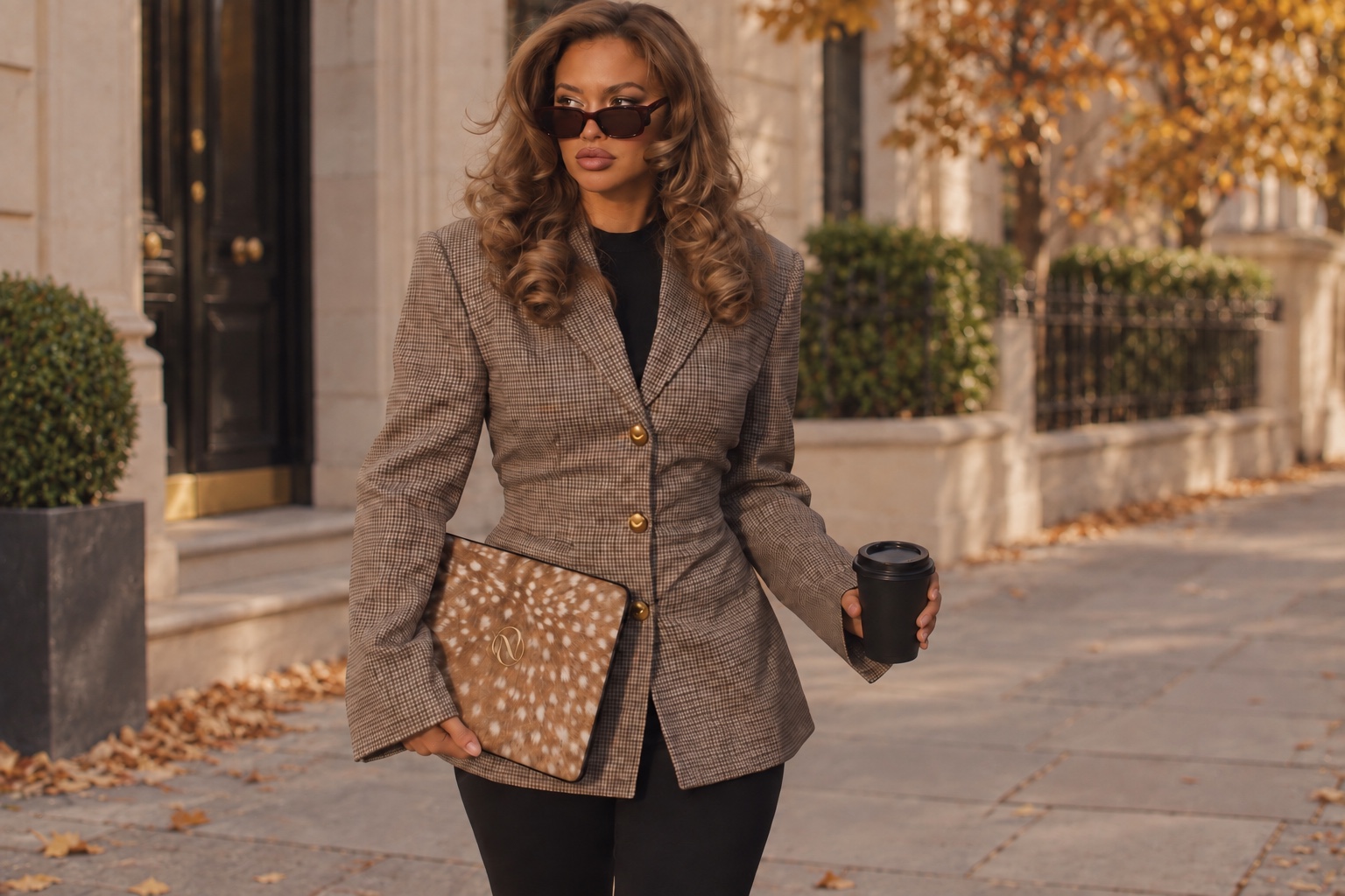 Woman in tailored city styling carrying the Bella Nota Fawn MacBook case